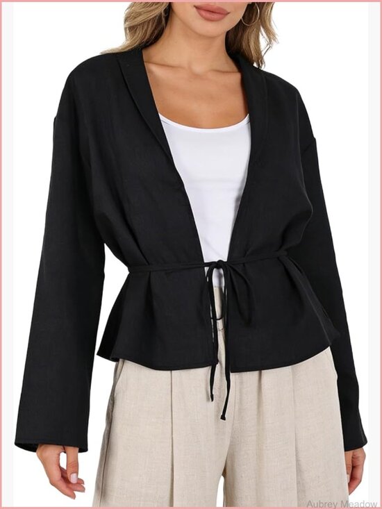 Sweaters - 100% Linen Lightweight Open Front Cardigan Long Sleeve with Tie